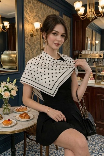 Beyaz Puantiye Model Fular Bandana Şal 70x70 Cm