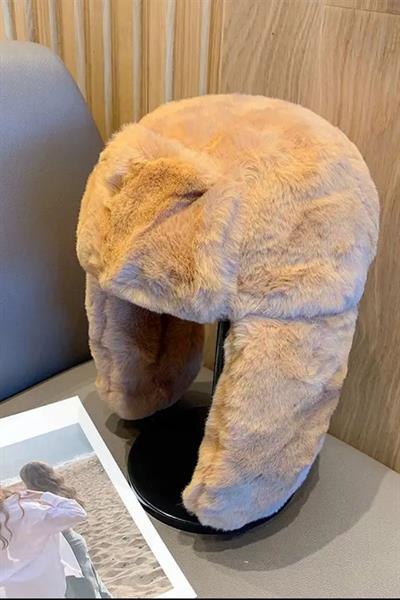 Camel Peluş Kulaklı Klipsli Bere Pilot Şapka