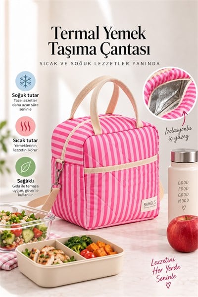 Çizgili Pembe Termal Çanta Yemek Taşıma Beslenme Çantası Isı Yalıtımlı Askılı Çanta