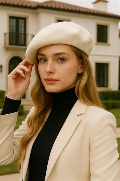 Ekru Fransız Ressam Keçe Bere Şapka