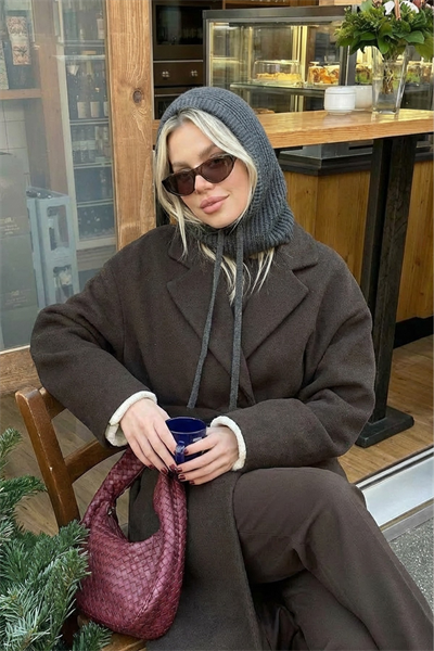 Gri Triko Örgü Balaclava Bere Şapka