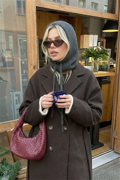 Gri Triko Örgü Balaclava Bere Şapka