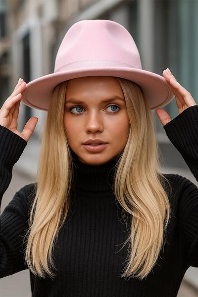 İthal Baby Pink Fötr Şapka Sert Kovboy Panama Şapka - Ayarlanabilinir