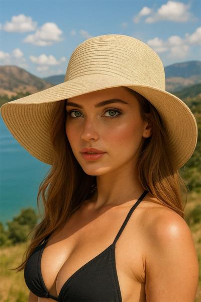 İthal Bej Ayarlanabilinir Geniş Hasır Şapka