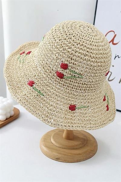 İthal Bej Cherry Örgü Bucket Hasır Şapka