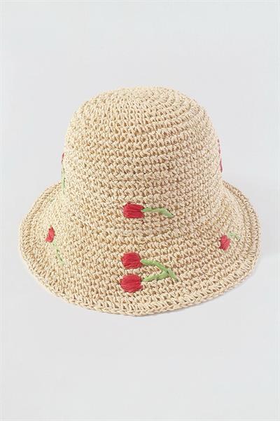 İthal Bej Cherry Örgü Bucket Hasır Şapka