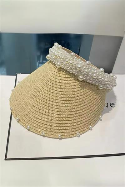 İthal Bej İncili Hasır Vizör Şapka Sperlik