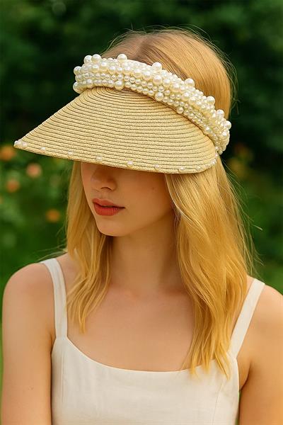 İthal Bej İncili Hasır Vizör Şapka Sperlik