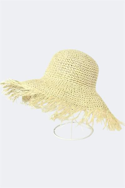 İthal Bej Saçaklı Vip Örgü Bucket Hasır Şapka