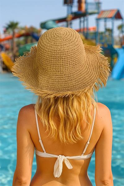 İthal Camel Saçaklı Vip Örgü Bucket Hasır Şapka