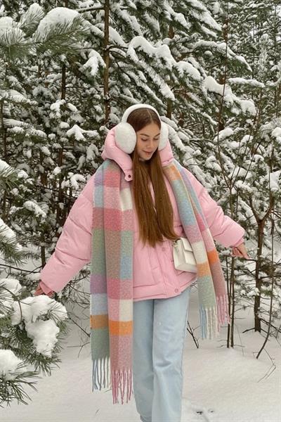 İthal Puffy Pastel Kare Desenli Atkı Şal Omuz Şalı