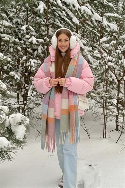 İthal Puffy Pastel Kare Desenli Atkı Şal Omuz Şalı