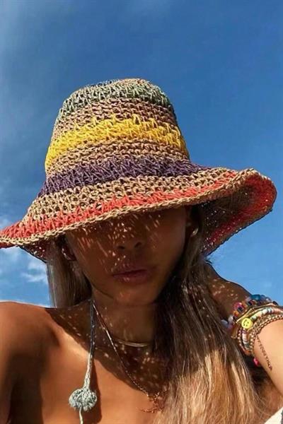 İthal Rainbow Örgü Bucket Hasır Şapka