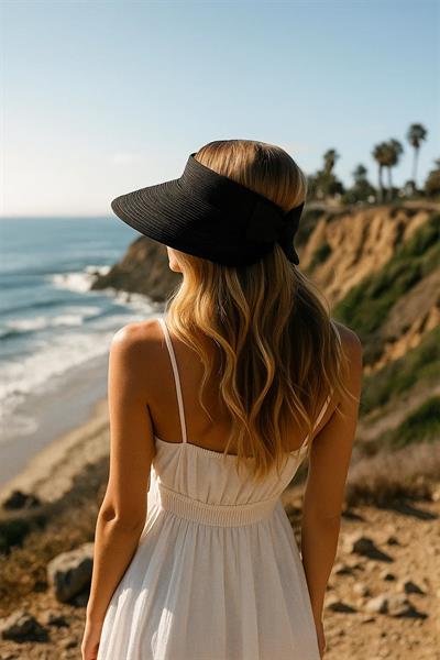 İthal Siyah Fiyonklu Katlanır Güneş Koruyucu Hasır Vizör Şapka