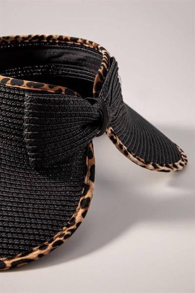 İthal Siyah Leoparlı Fiyonklu Katlanır Güneş Koruyucu Hasır Vizör Şapka