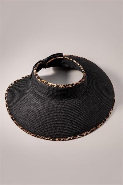 İthal Siyah Leoparlı Fiyonklu Katlanır Güneş Koruyucu Hasır Vizör Şapka