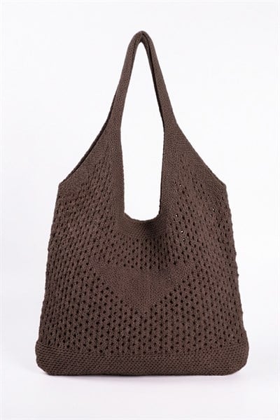 Kadın Acı Kahve File Örgü Model Plaj, Shopper Tote Çanta, Omuz Çantası
