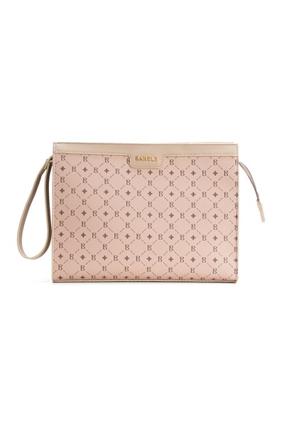 Kadın Bej Bahels Monogram Portföy Kulplu Clutch Çanta