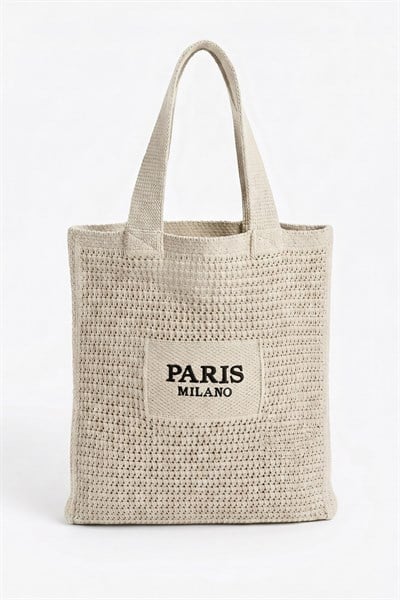 Kadın Bej Milano Nakış File Örgü Model Plaj, Shopper Tote Çanta