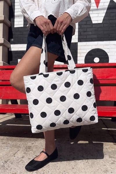 Kadın Beyaz Puantiye Shopper Tote Bag
