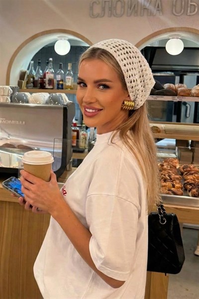 Kadın Ekru File Model Bandana, Örgü Bandana