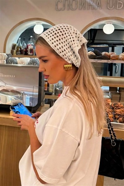 Kadın Ekru File Model Bandana, Örgü Bandana