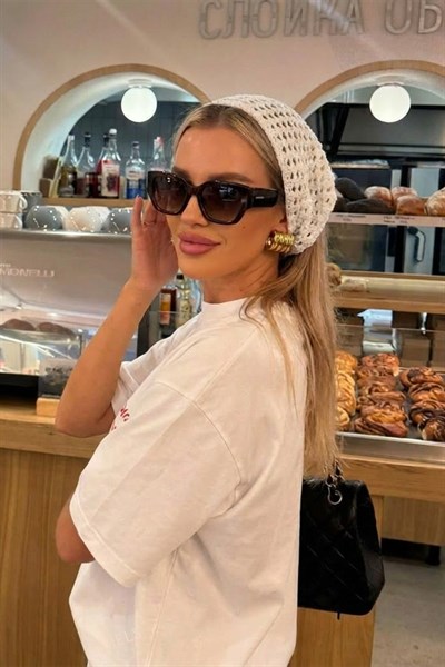 Kadın Ekru File Model Bandana, Örgü Bandana