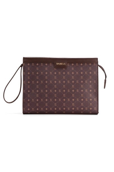 Kadın Kahve Bahels Monogram Portföy Kulplu Clutch Çanta