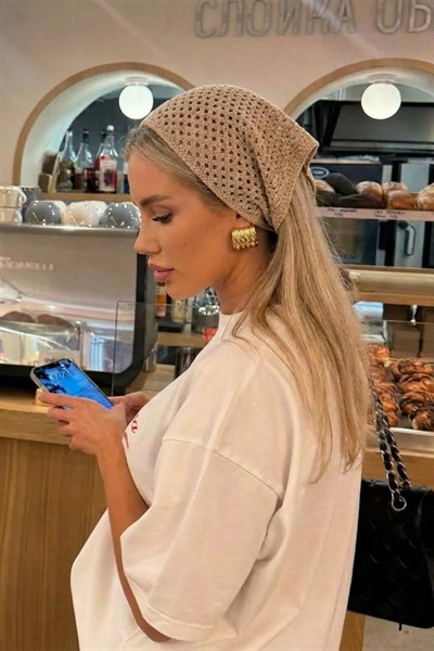 Kadın Kahve File Model Bandana, Örgü Bandana