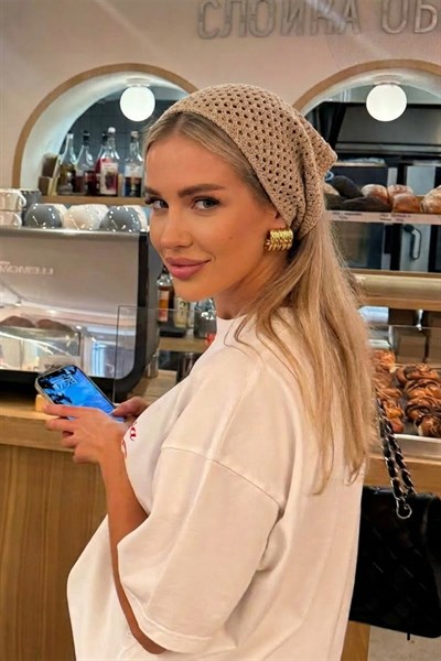 Kadın Kahve File Model Bandana, Örgü Bandana