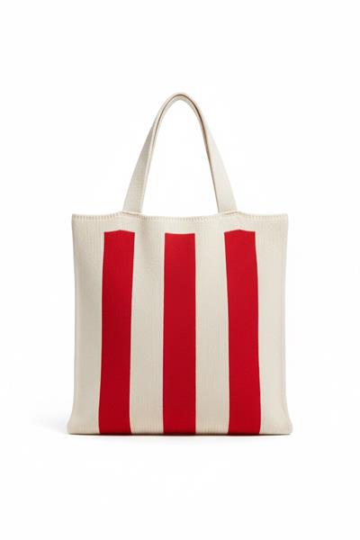 Kadın Kırmızı Stripes Örgü Tote Omuz Çantası