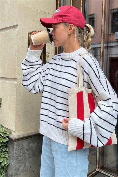 Kadın Kırmızı Stripes Örgü Tote Omuz Çantası