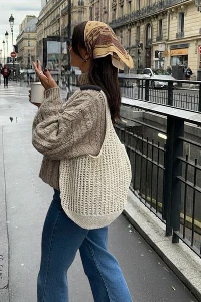 Kadın Krem Crochet Edition Örgü Tote Omuz Çantası