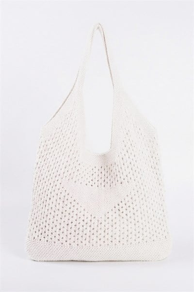 Kadın Krem File Örgü Model Plaj, Shopper Tote Çanta, Omuz Çantası