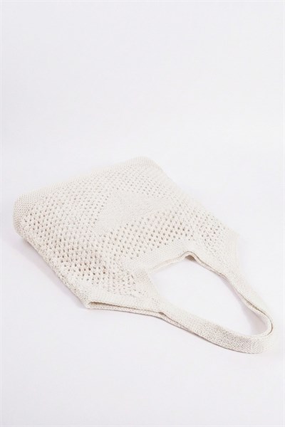 Kadın Krem File Örgü Model Plaj, Shopper Tote Çanta, Omuz Çantası