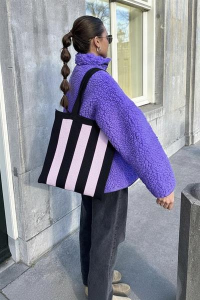 Kadın Lila Stripes Örgü Tote Omuz Çantası