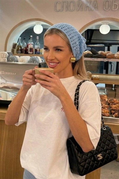 Kadın Mavi File Model Bandana, Örgü Bandana
