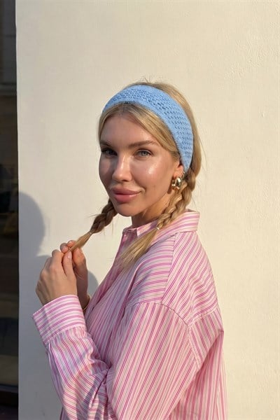 Kadın Mavi File Model Örgü Bandana, Saç Bandı