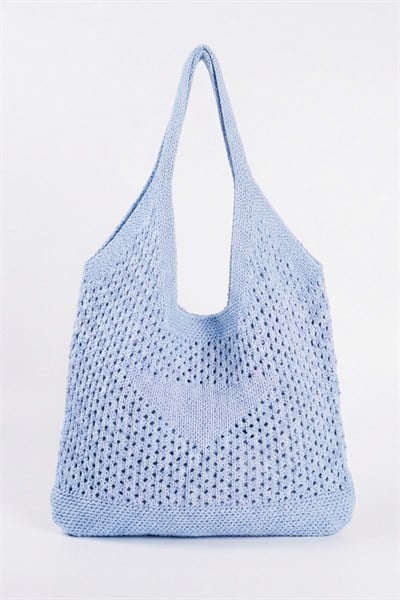Kadın Mavi File Örgü Model Plaj, Shopper Tote Çanta, Omuz Çantası