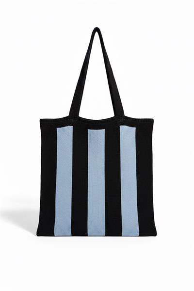 Kadın Mavi Stripes Örgü Tote Omuz Çantası