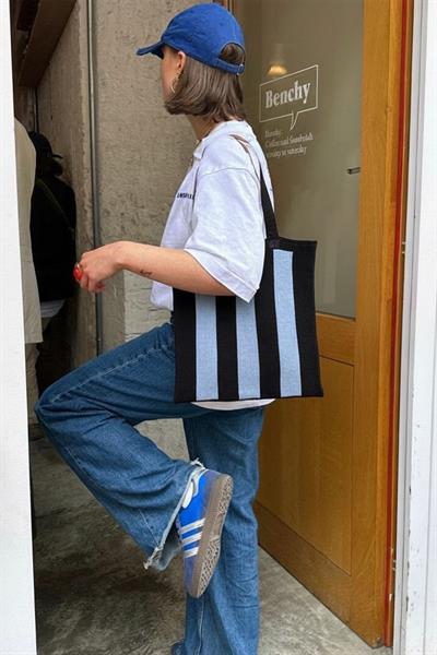 Kadın Mavi Stripes Örgü Tote Omuz Çantası