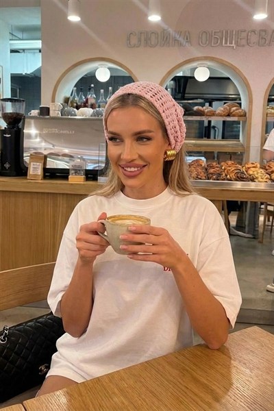 Kadın Pembe File Model Bandana, Örgü Bandana