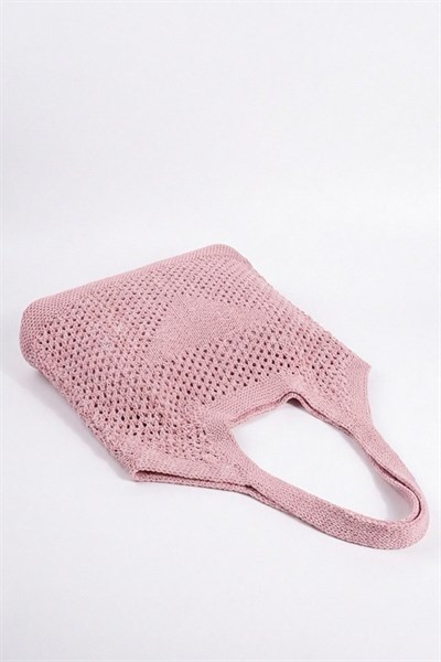 Kadın Pembe File Örgü Model Plaj, Shopper Tote Çanta, Omuz Çantası