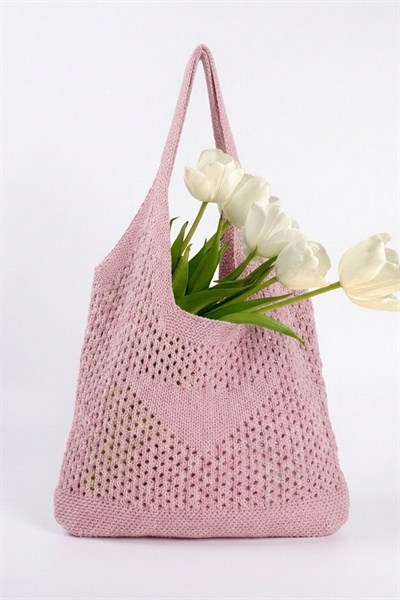 Kadın Pembe File Örgü Model Plaj, Shopper Tote Çanta, Omuz Çantası