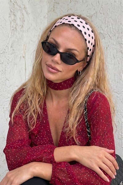 Kadın Pembe Renk Puantiyeli Saç Bandı, Bandana