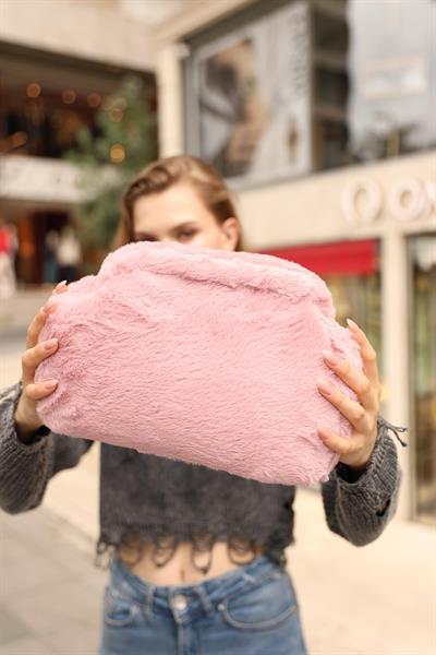 Kadın Pembe Yumuşak Peluş Clutch Portföy Çanta