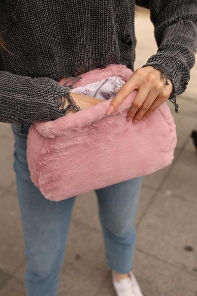 Kadın Pembe Yumuşak Peluş Clutch Portföy Çanta