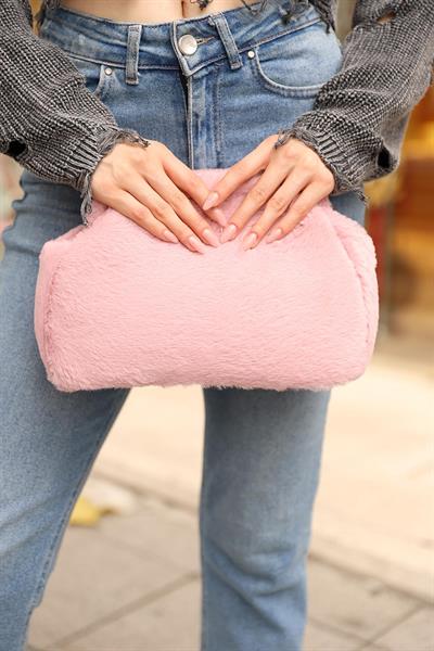 Kadın Pembe Yumuşak Peluş Clutch Portföy Çanta