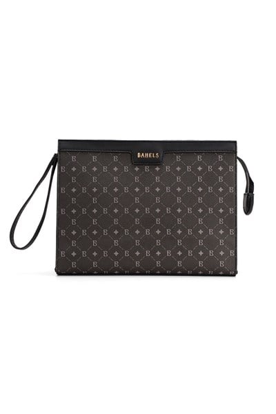 Kadın Siyah Bahels Monogram Portföy Kulplu Clutch Çanta