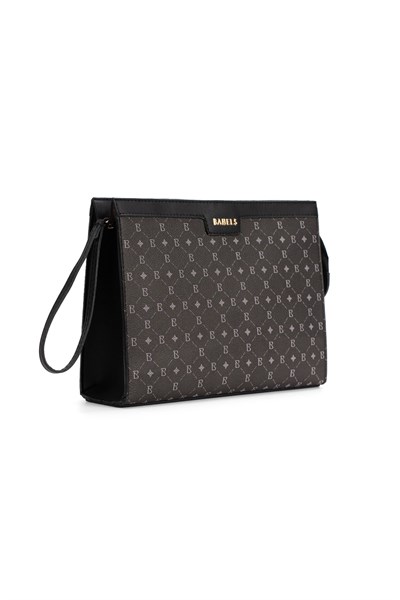 Kadın Siyah Bahels Monogram Portföy Kulplu Clutch Çanta